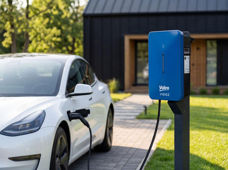 De nieuwe Valeo Ineez AC-laadpaal ondersteunt bidirectioneel laden en maakt energie-uitwisseling tussen voertuig en net mogelijk